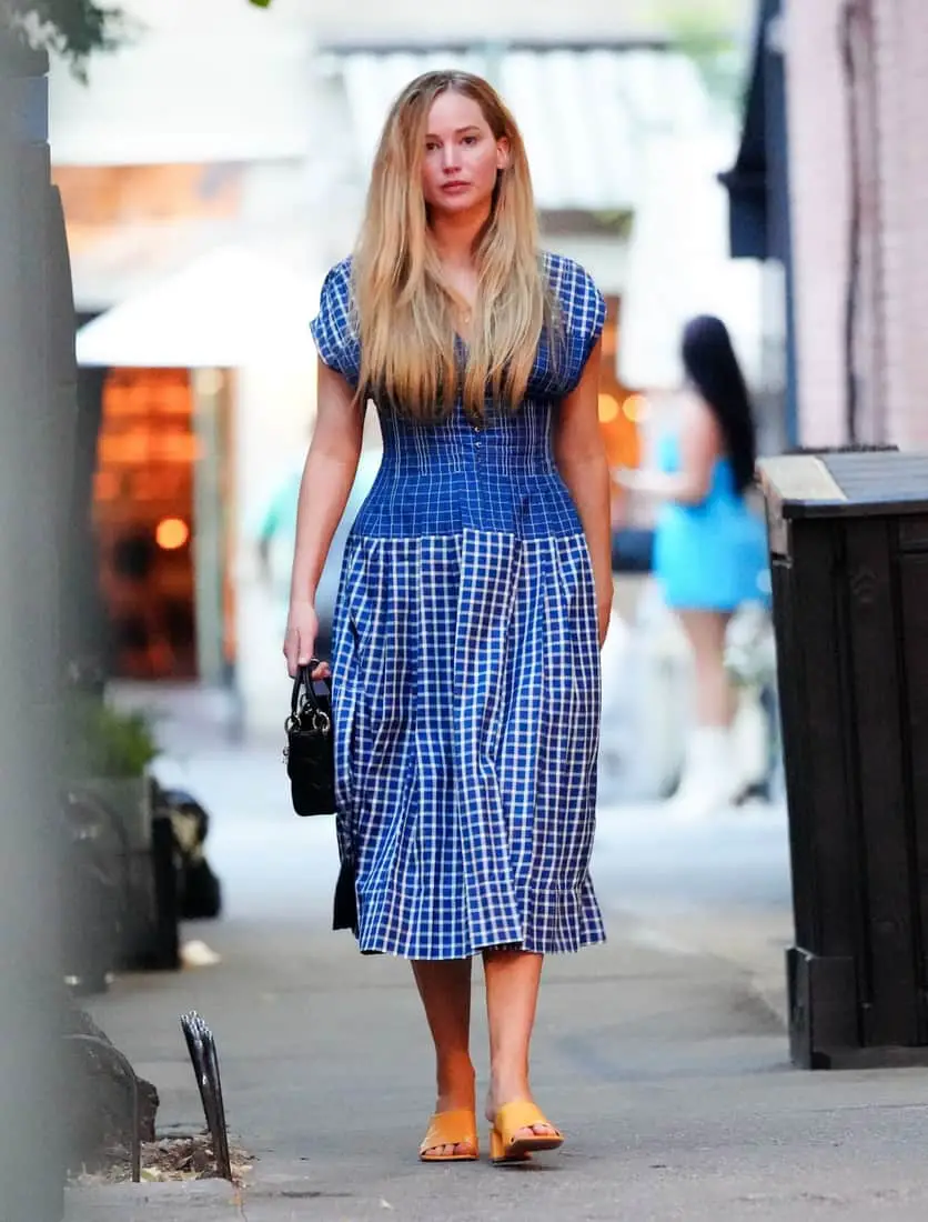 Jennifer Lawrence Looks Lovely in a Blue Summer Gingham Dress in New York