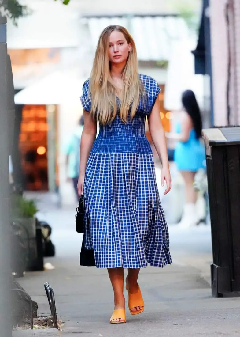 Jennifer Lawrence Looks Lovely in a Blue Summer Gingham Dress in New York