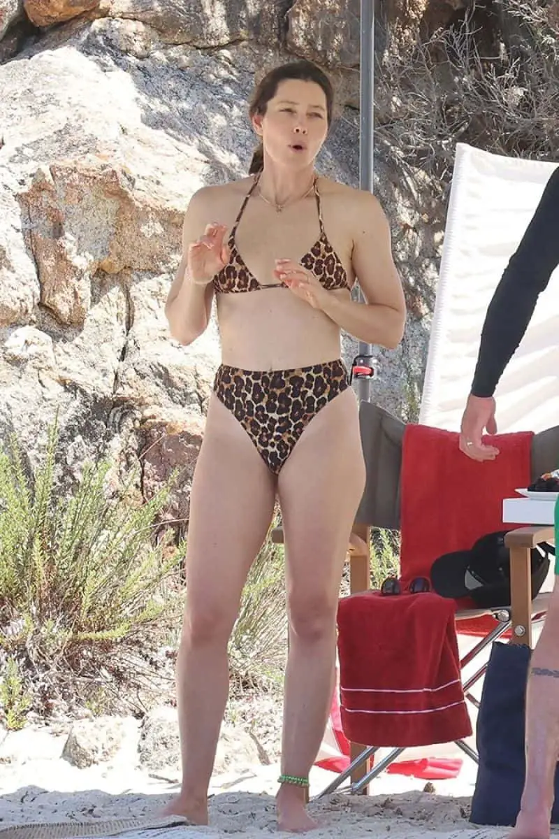 Jessica Biel Flaunts her Figure in a Leopard Thong Bikini in Sardinia