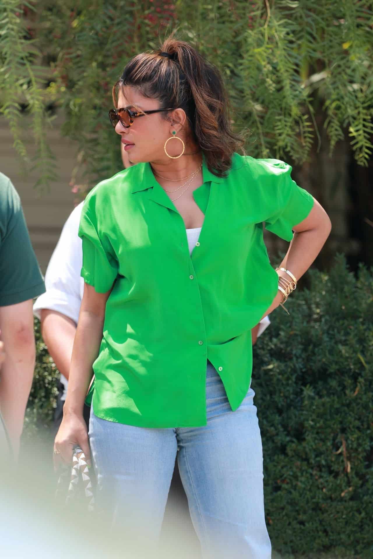 Priyanka Chopra Rocks a Vivid Unbuttoned Green Shirt for Lunch with Friends