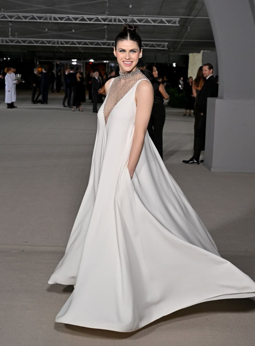 Alexandra Daddario Modeled a Gown with a Pearl Top at the Academy Museum Gala in Los Angeles
