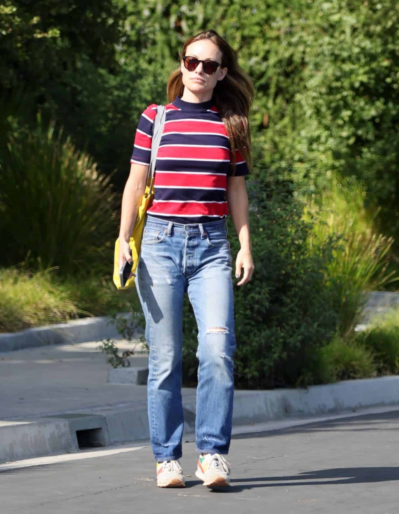 Olivia Wilde Rocks a Red and Navy Striped T-shirt After Meeting in LA