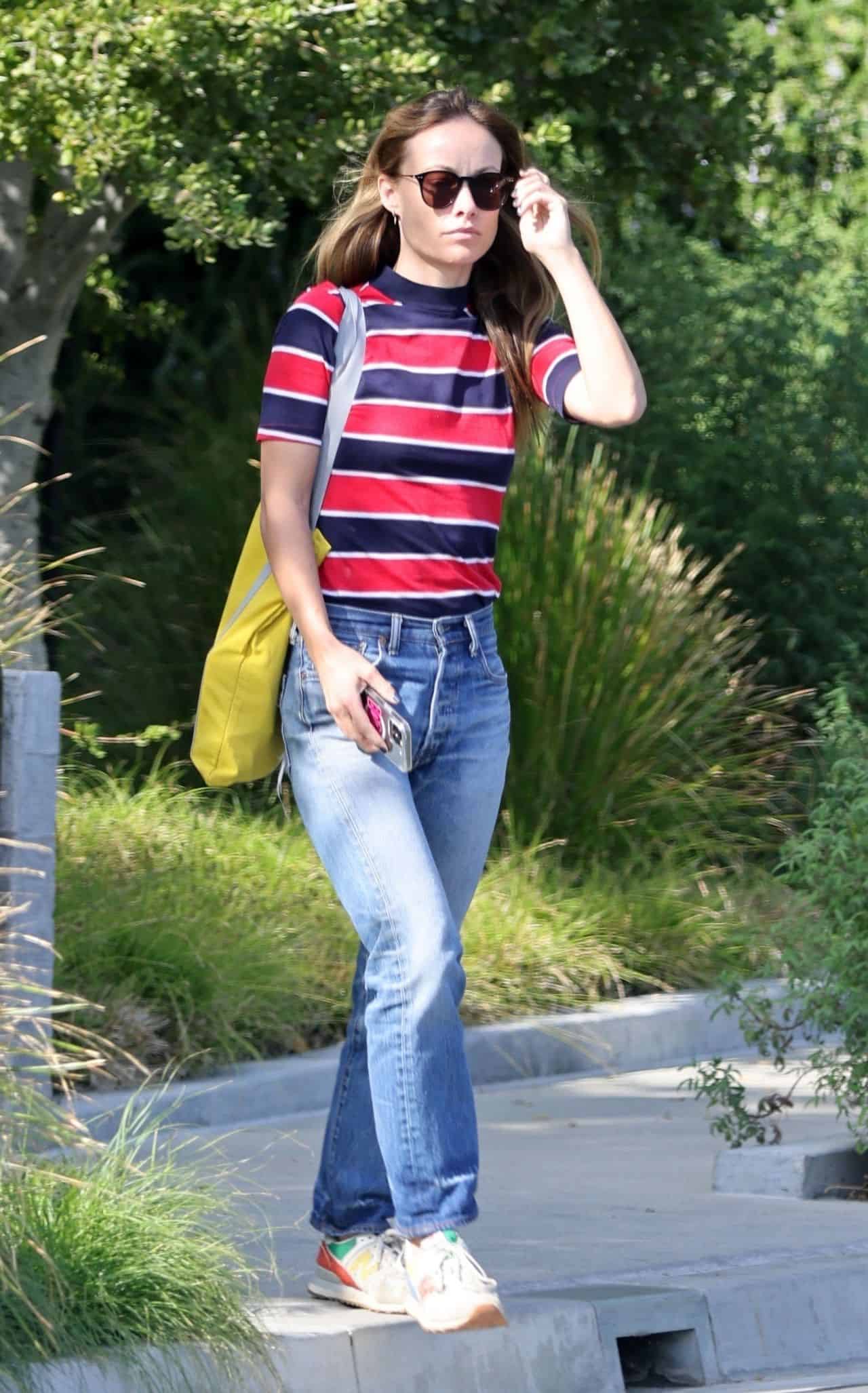 Olivia Wilde Rocks a Red and Navy Striped T-shirt After Meeting in LA