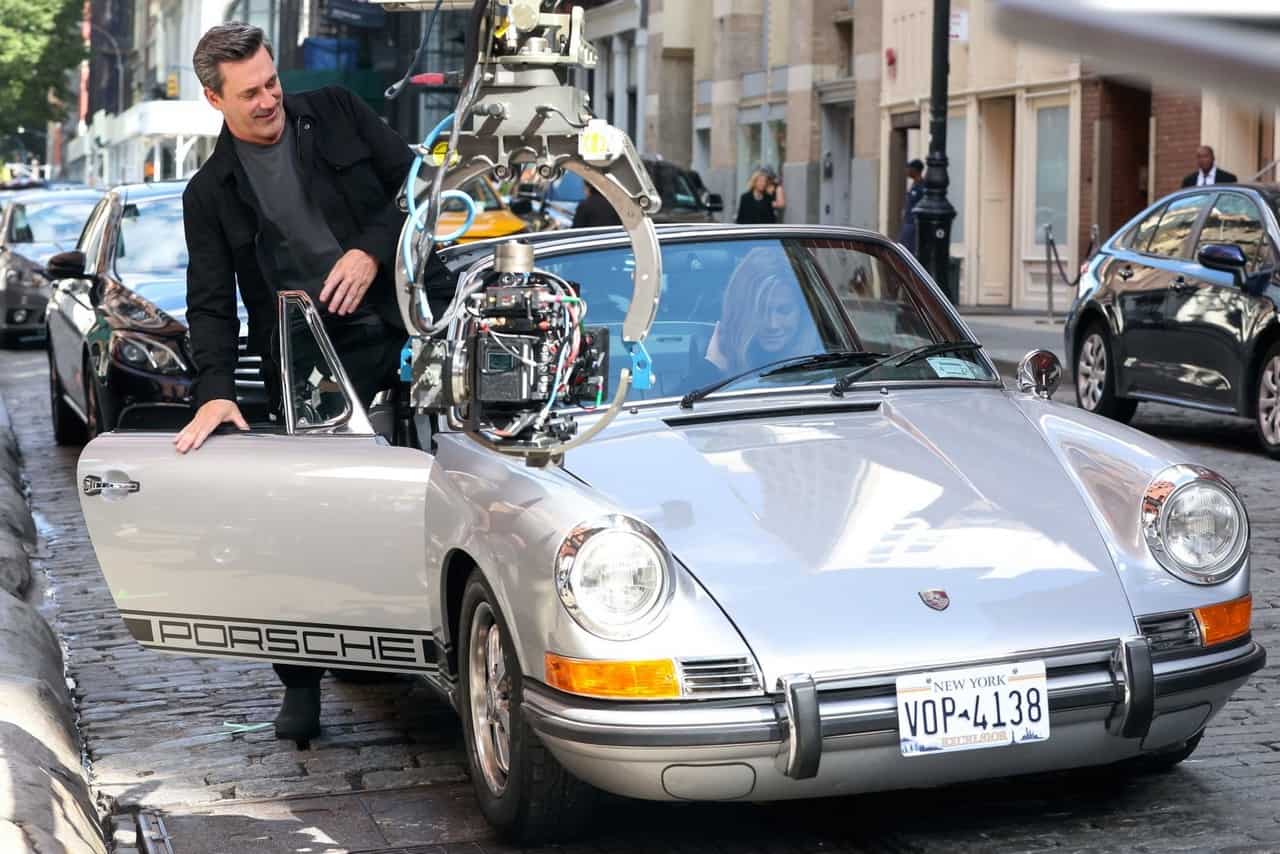 Jennifer Aniston and Jon Hamm in a Porsche on the set of "The Morning Show"