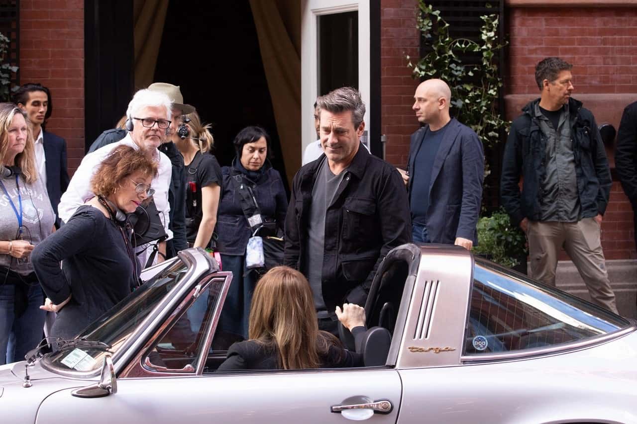 Jennifer Aniston and Jon Hamm in a Porsche on the set of "The Morning Show"