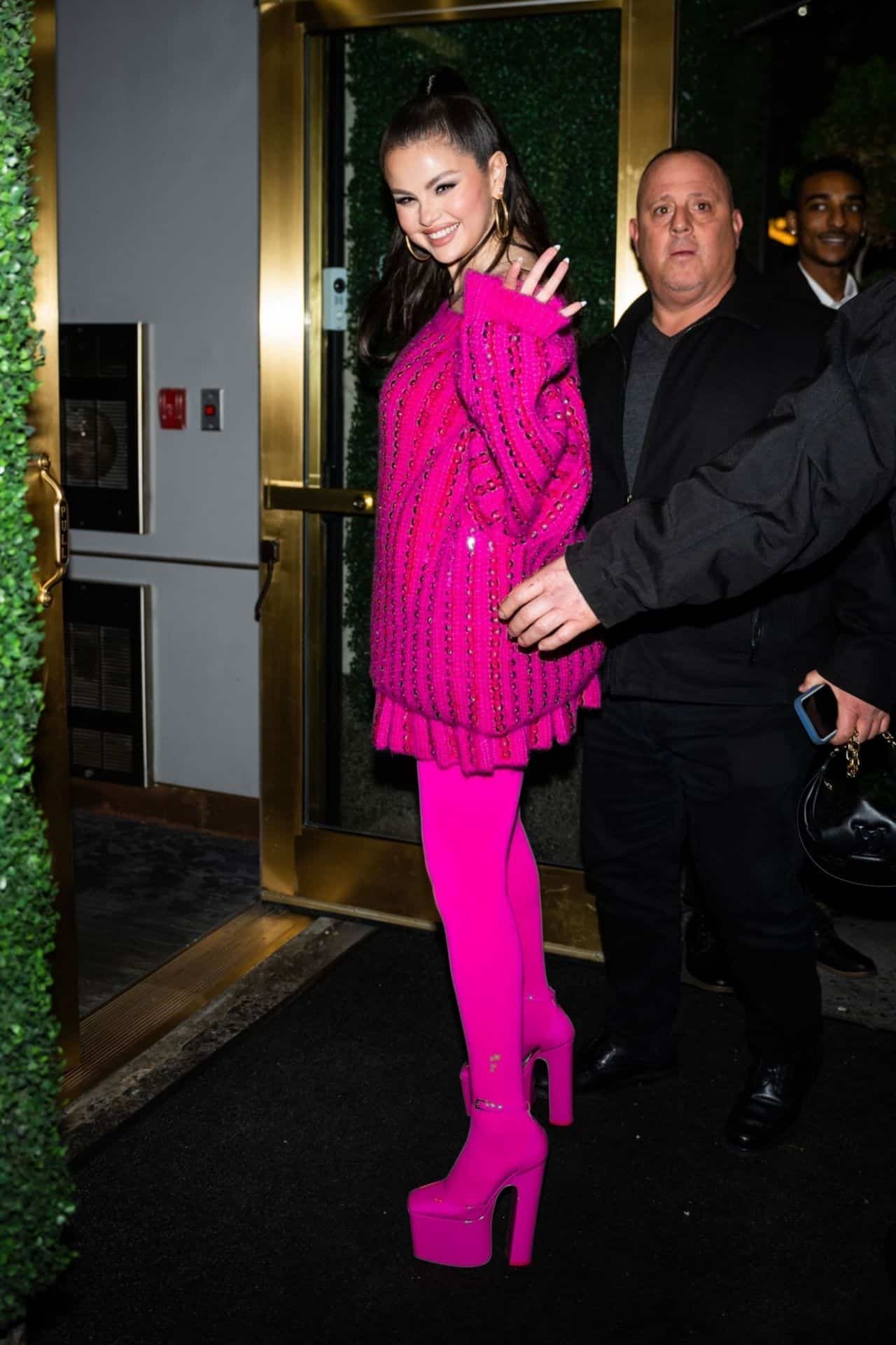 Selena Gomez Arrives in a Pink Valentino Outfit at the SNL Afterparty in NY