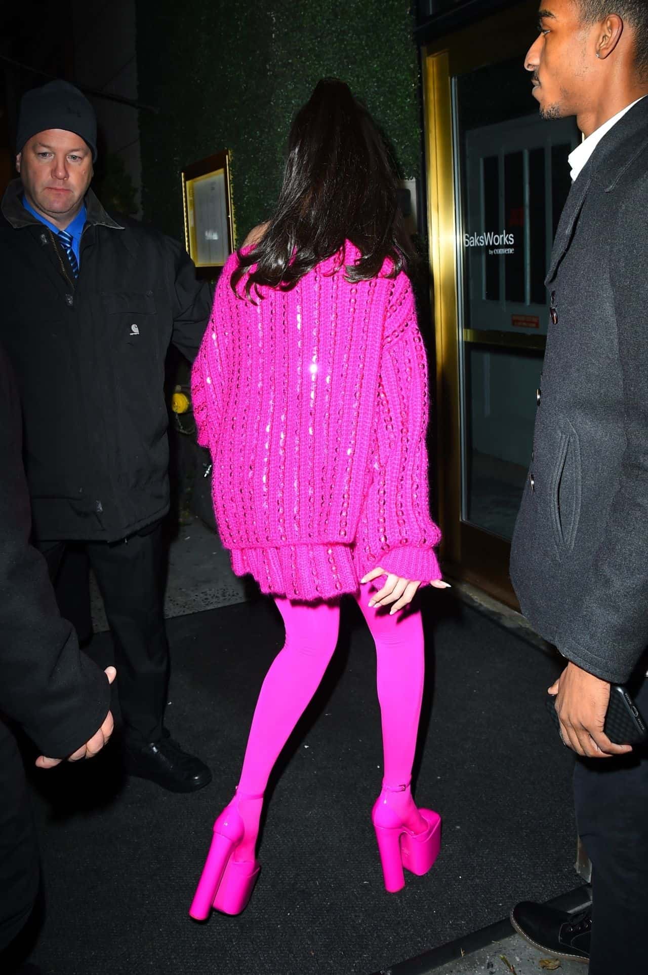 Selena Gomez Arrives in a Pink Valentino Outfit at the SNL Afterparty in NY