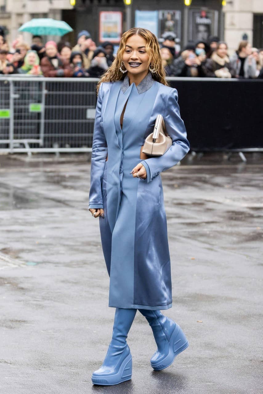 Rita Ora at Fendi Show During PFW in a Chic Blue Dress and Boots