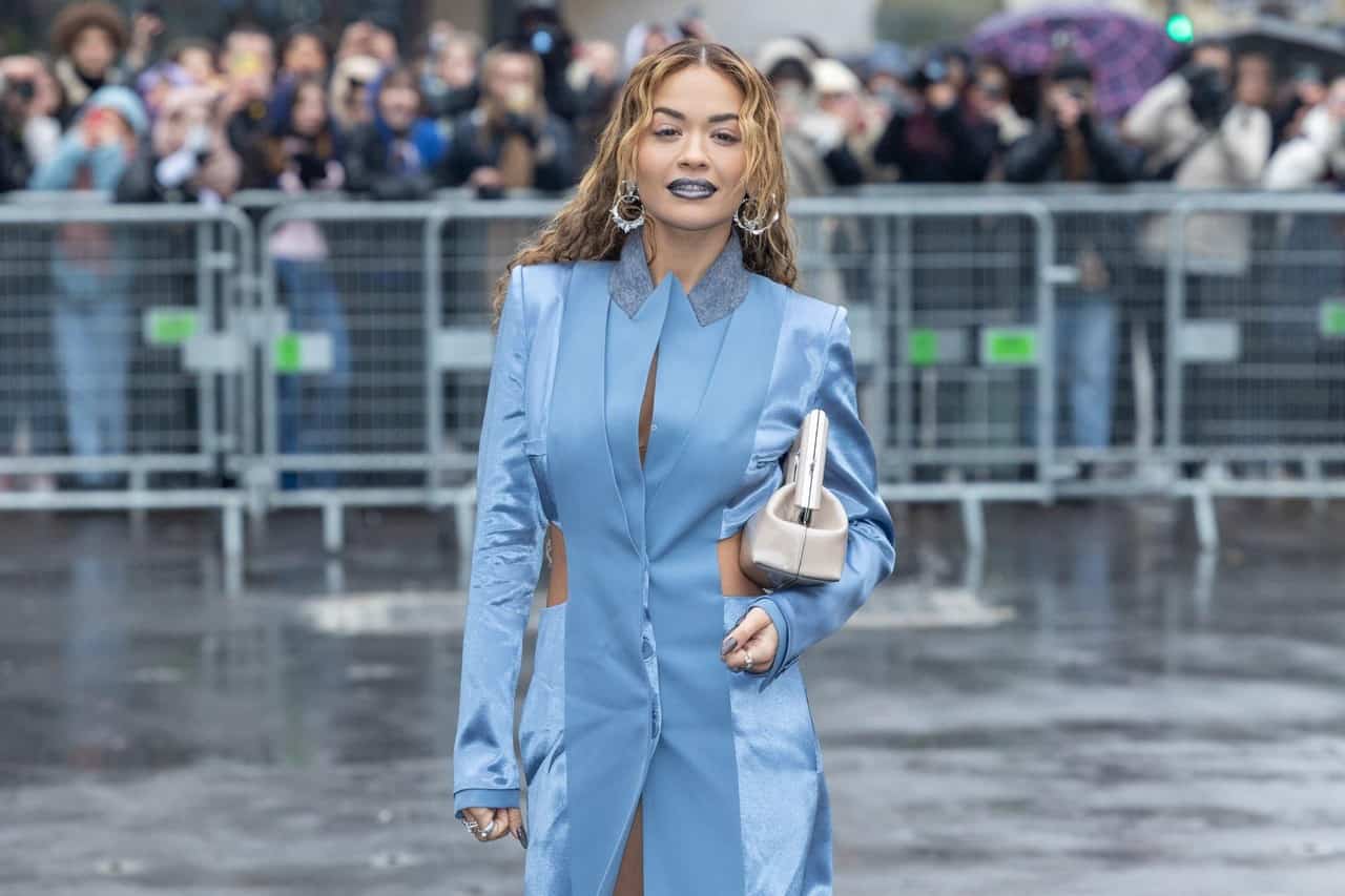 Rita Ora at Fendi Show During PFW in a Chic Blue Dress and Boots
