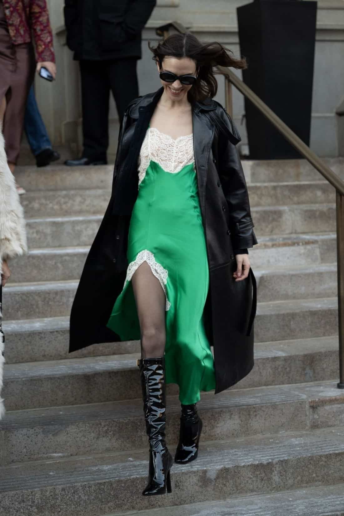 Alexa Chung Attends Rodarte FW 23 Show in Green Lingerie Dress