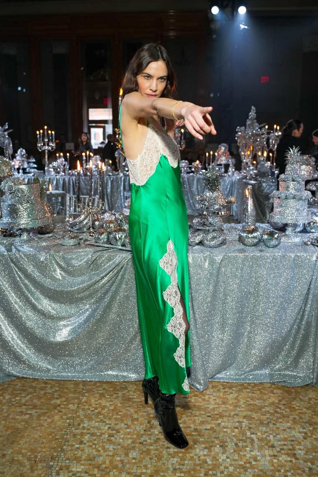 Alexa Chung Attends Rodarte FW 23 Show in Green Lingerie Dress