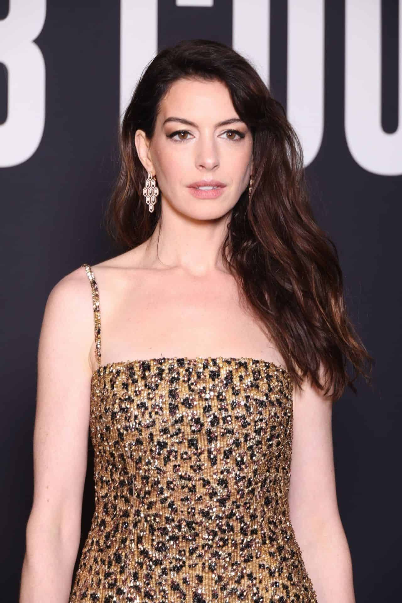 Anne Hathaway in Leopard-Print Outfit at Valentino Haute Couture Show 2023