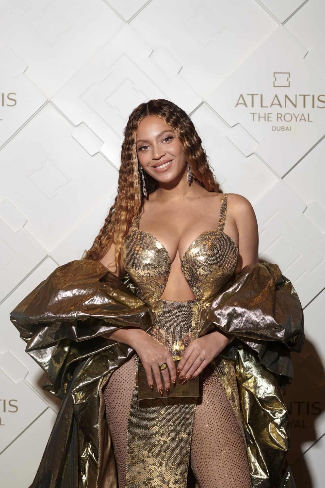 Beyonce Shines in Gold Gown at Dubai's Atlantis The Royal Hotel Opening