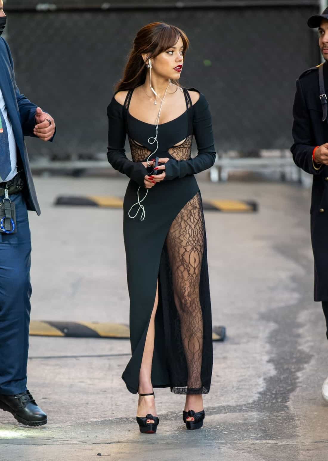 Jenna Ortega in Gothic Lace Cutout Dress on "Jimmy Kimmel Live" in LA