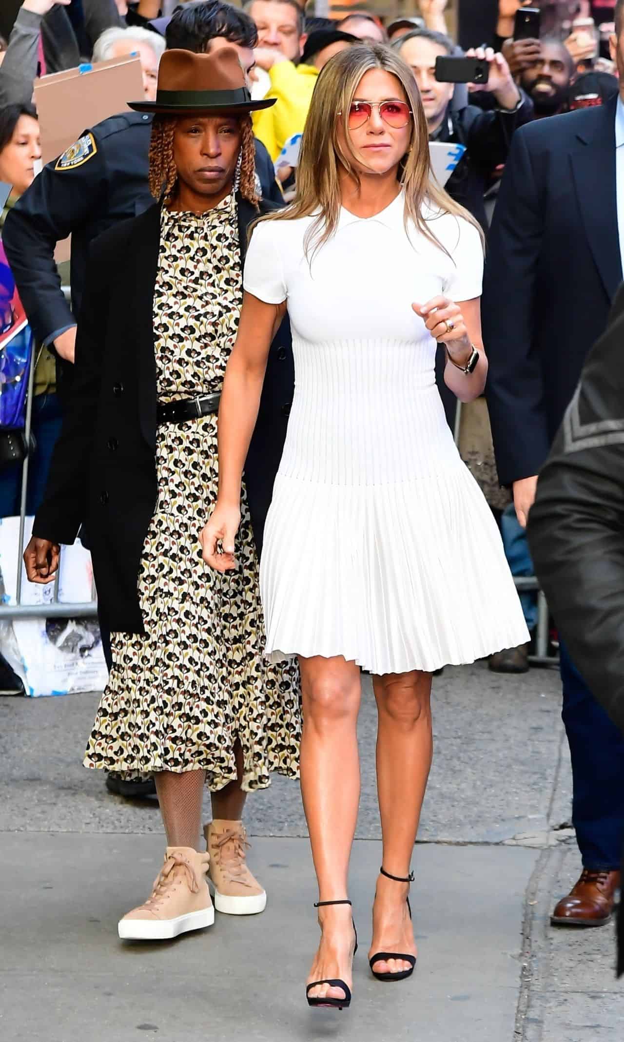 Jennifer Aniston in White Knit Schoolgirl Dress Outside GMA in NY