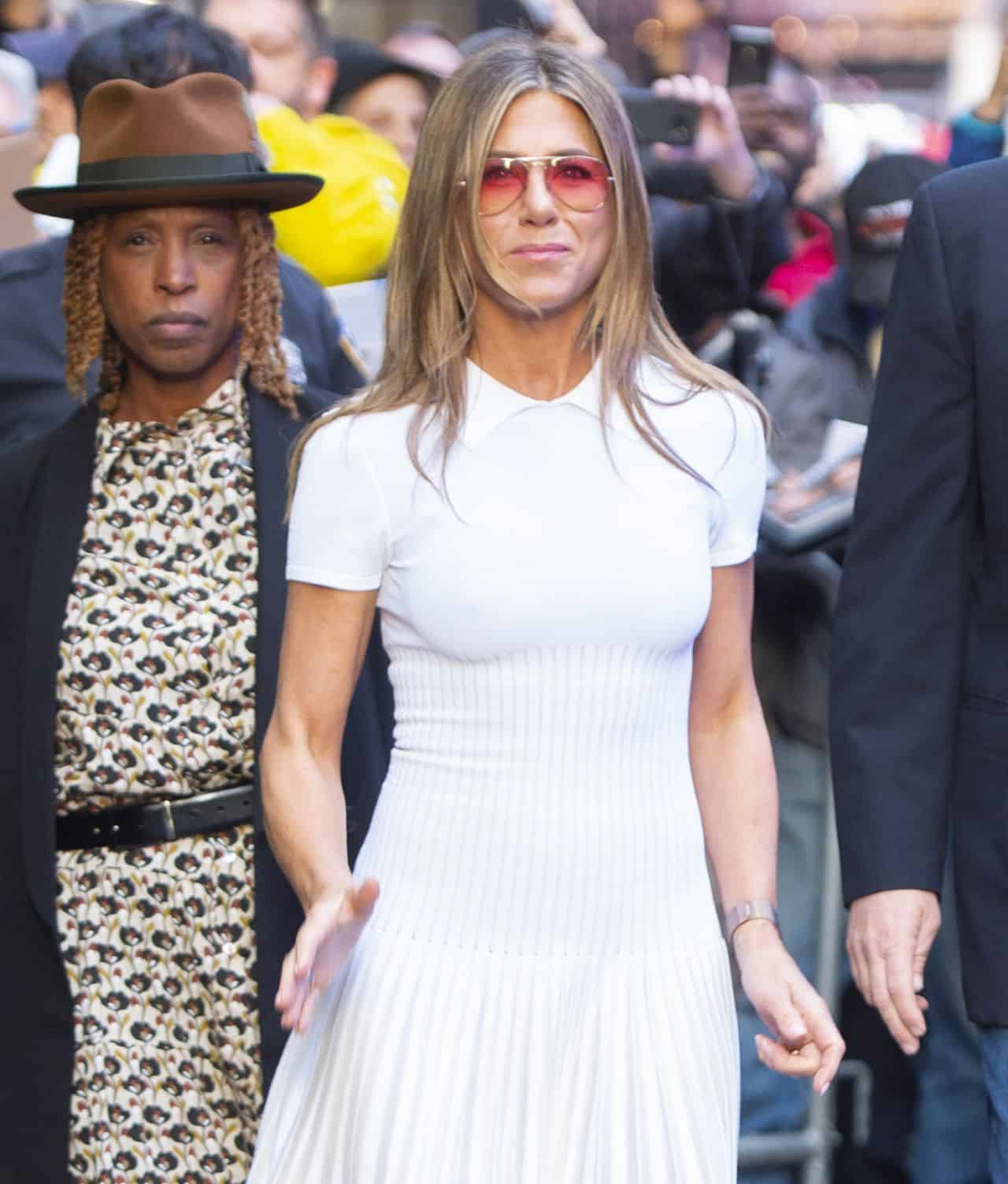 Jennifer Aniston in White Knit Schoolgirl Dress Outside GMA in NY