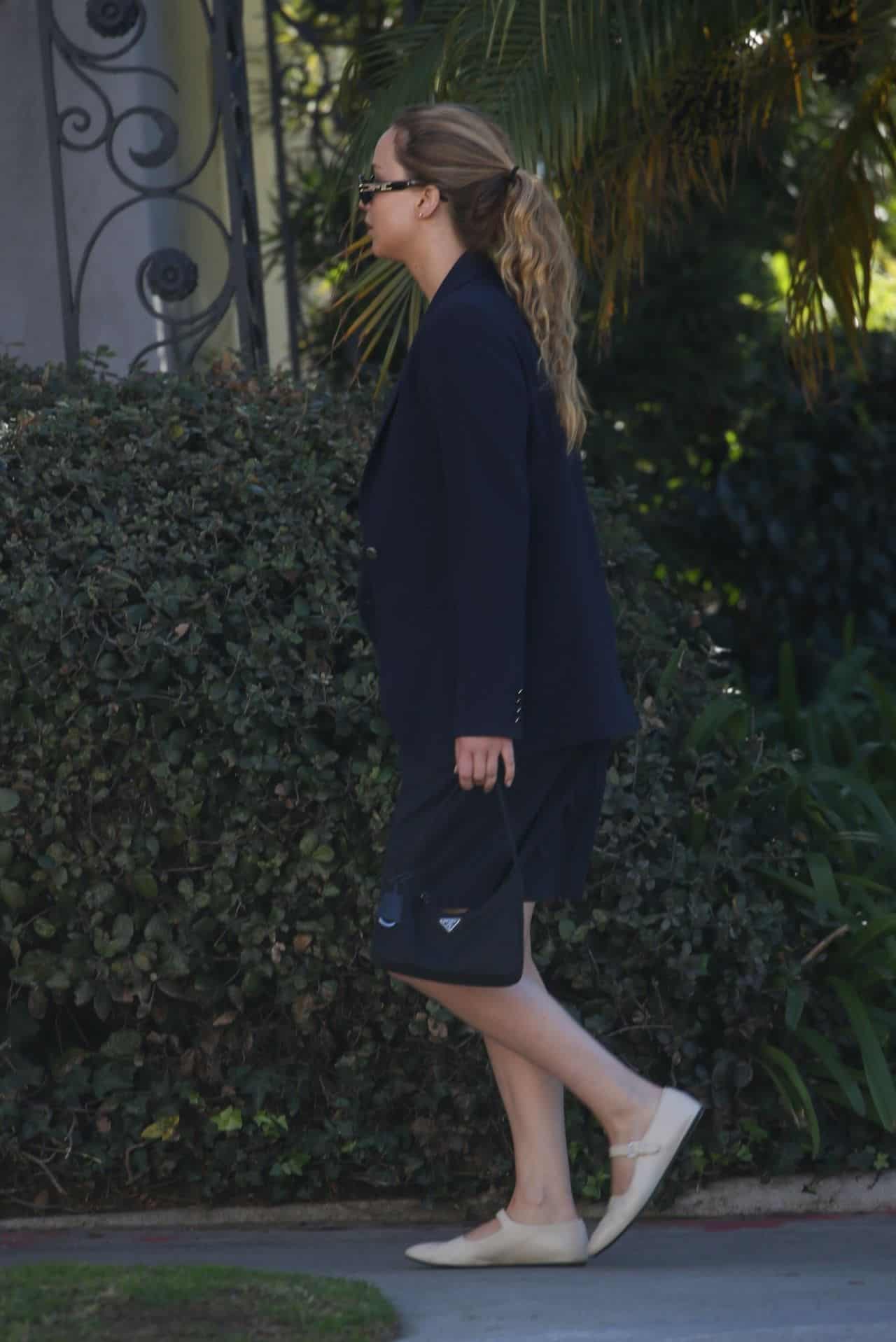 Jennifer Lawrence Looks Business-like in a Navy Suit in Beverly Hills
