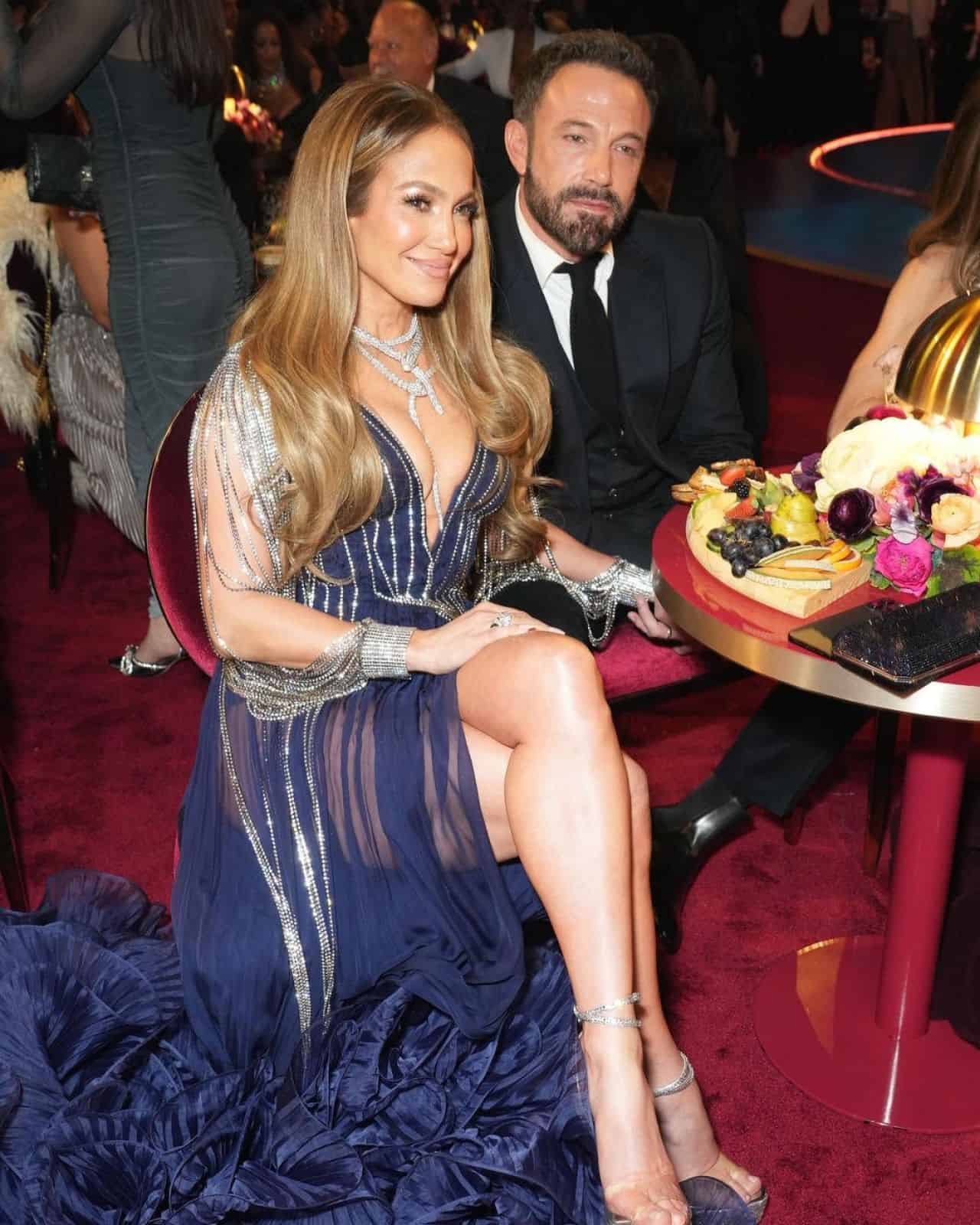 Jennifer Lopez Stuns at 65th Grammy Awards in an Elegant Navy Gucci Gown