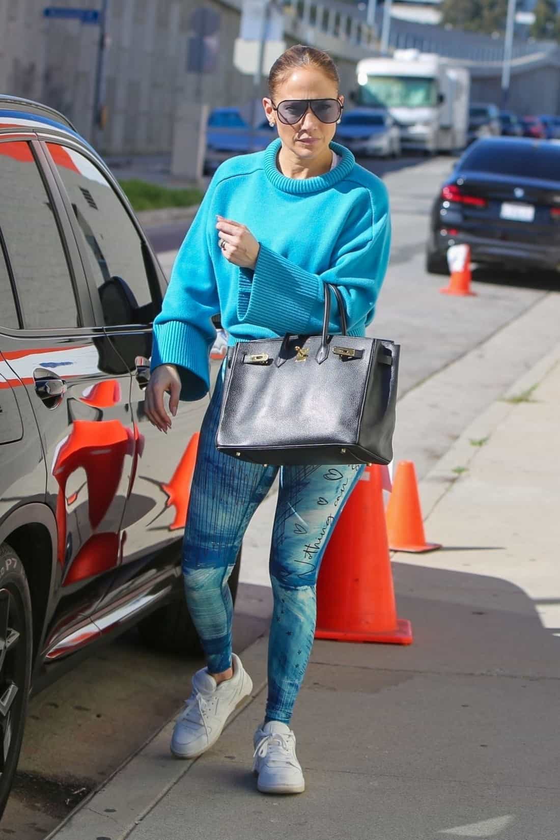 Jennifer Lopez Stuns in Blue Sweater and Leggings for LA Studio Visit