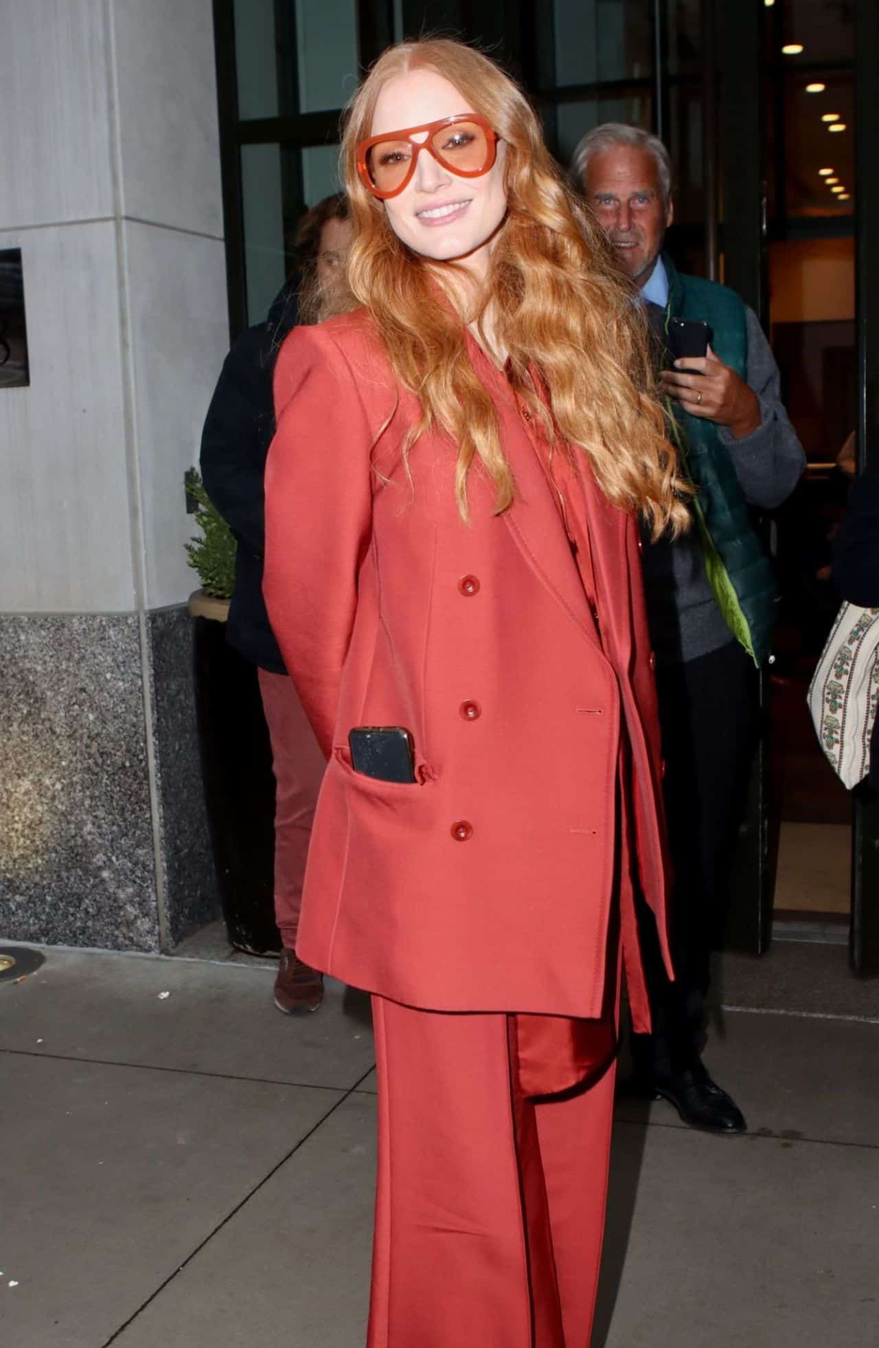 Jessica Chastain Rocks a Red 70s-Style Suit in New York