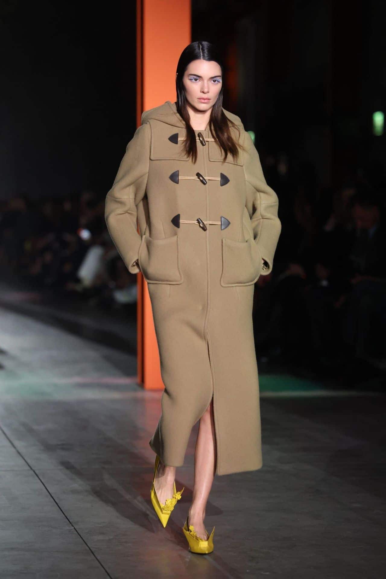 Kendall Jenner Stuns in Camel Coat and Origami Heels at Prada Show in Milan