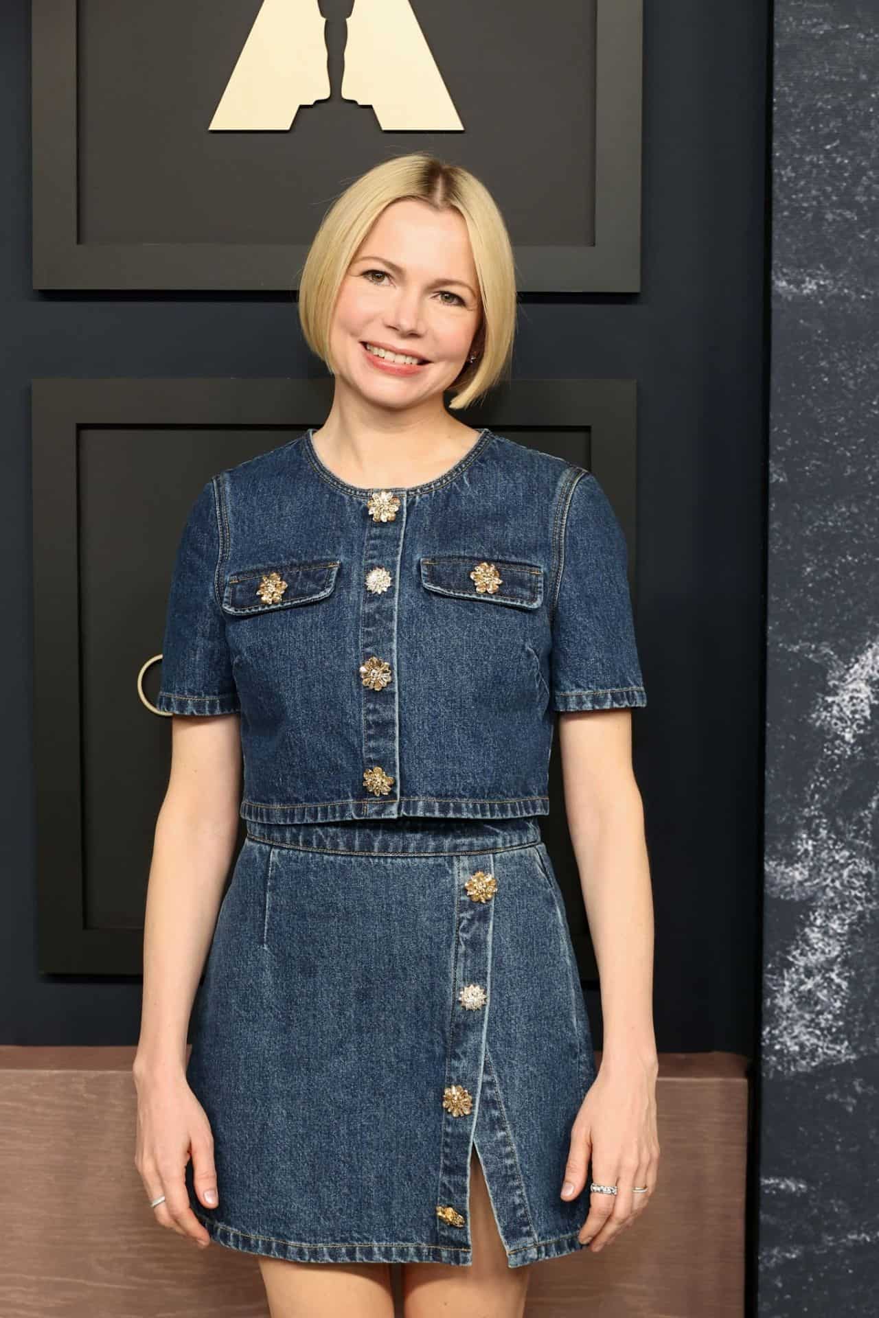 Michelle Williams in Double Denim and Chic Pumps at Oscars Luncheon