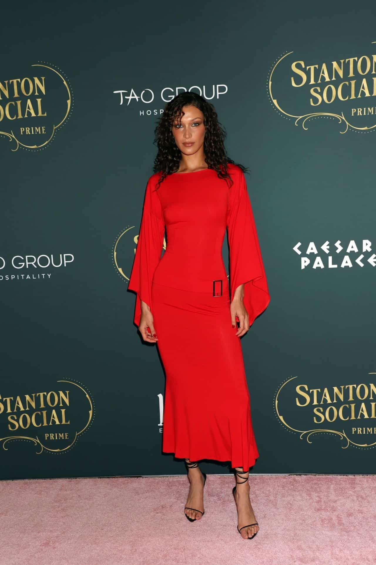 Bella Hadid in a Scarlet Gown at the Opening of Stanton Social Prime