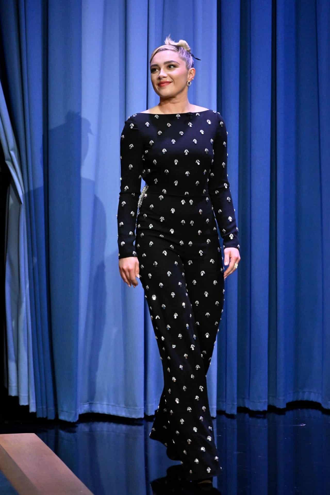 Florence Pugh Shines in Crystal-Embellished Jumpsuit on "The Tonight Show"
