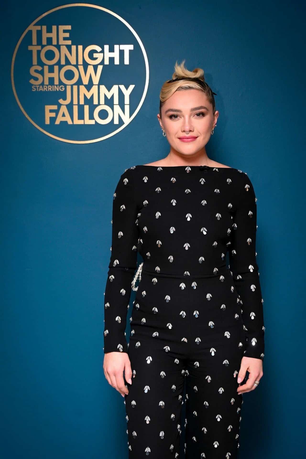 Florence Pugh Shines in Crystal-Embellished Jumpsuit on "The Tonight Show"