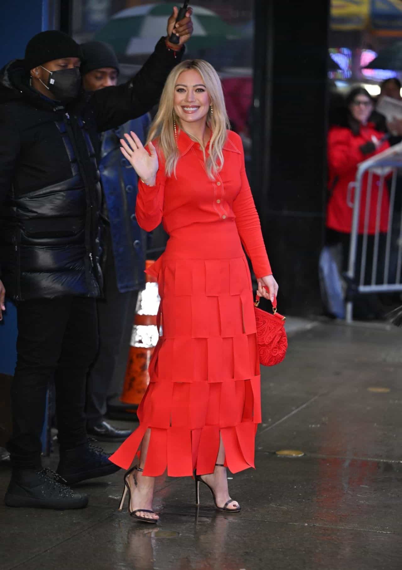 Hilary Duff Stuns in a Bright Red Dress as She Arrives at GMA in NY