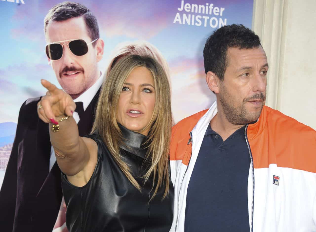 Jennifer Aniston Posing in Leather Mini Dress at Murder Mystery Premiere