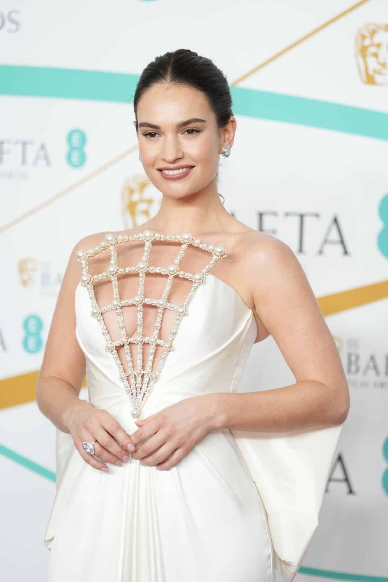 Lily James Stuns at the 2023 BAFTAs in a Custom Tamara Ralph Gown