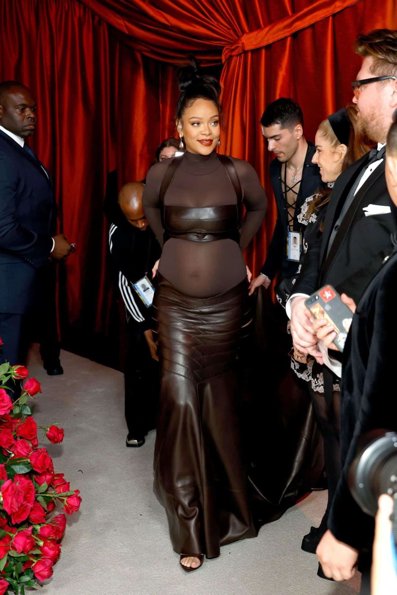 Rihanna Wows in a Leather Dress with Cutouts at the Oscars 2023