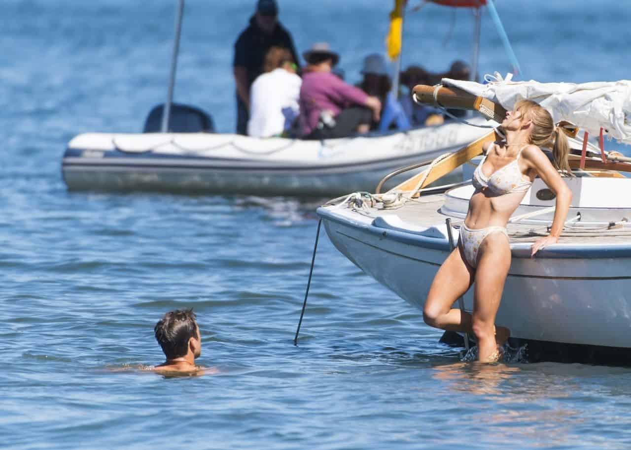 Sydney Sweeney Stuns on Set in a White Bikini on an Old Timber Yacht