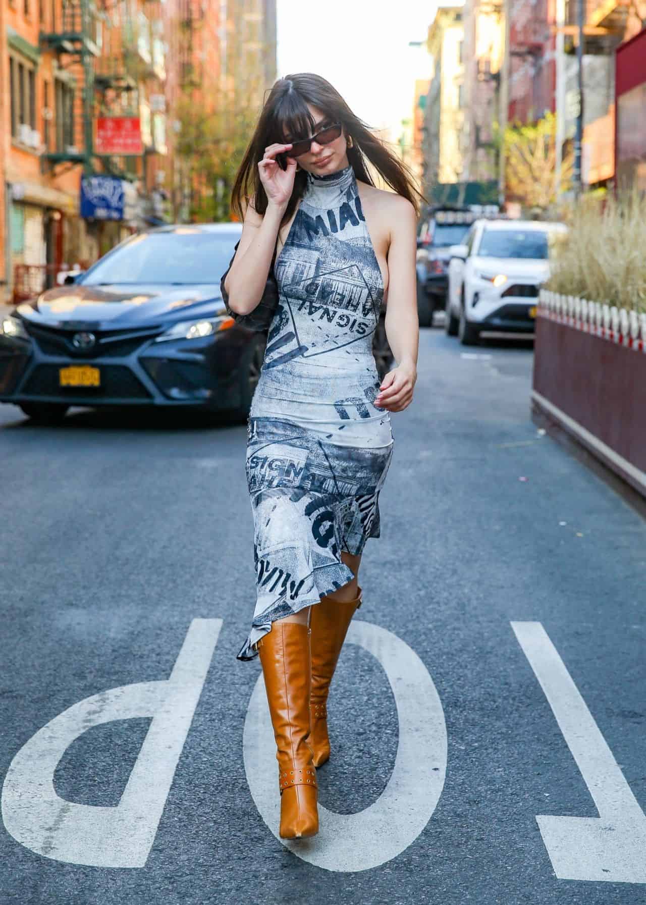 Emily Ratajkowski Looks Amazing in a Gray Halterneck Mini Dress in NY