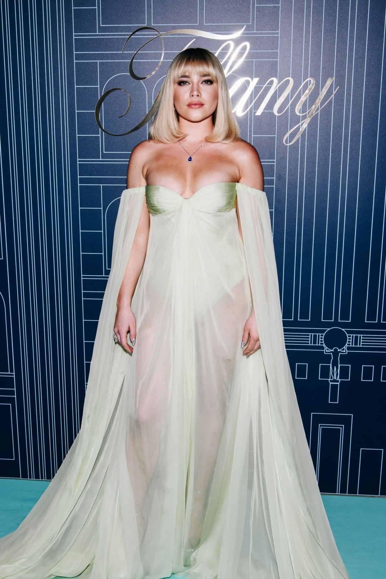 Florence Pugh in Sheer Dress at Tiffany & Co.'s Flagship Store Re-Opening