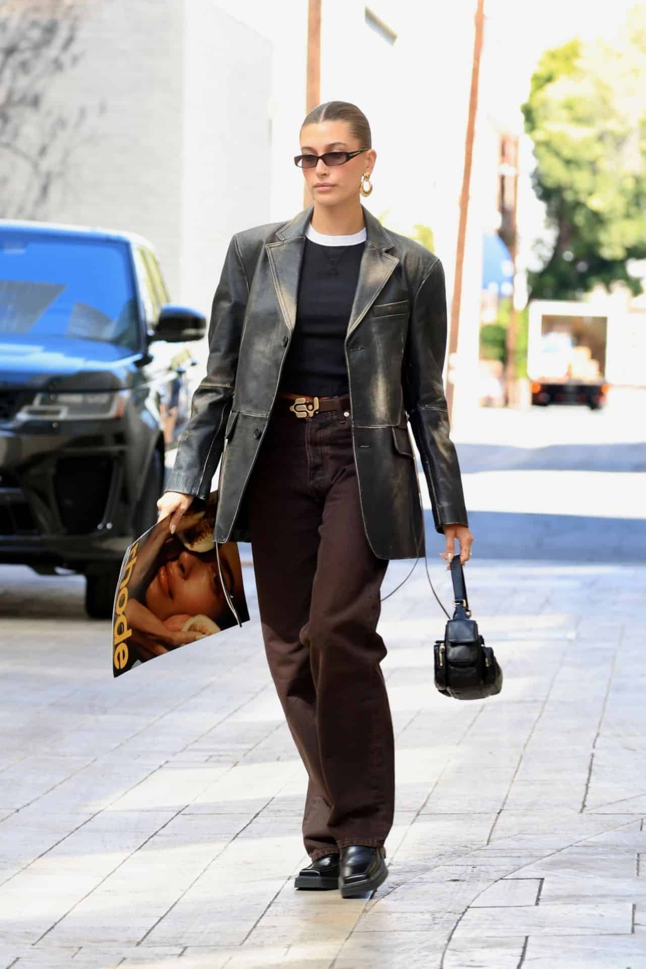Hailey Bieber is Casually Cool in a Leather Jacket and Brown Jeans