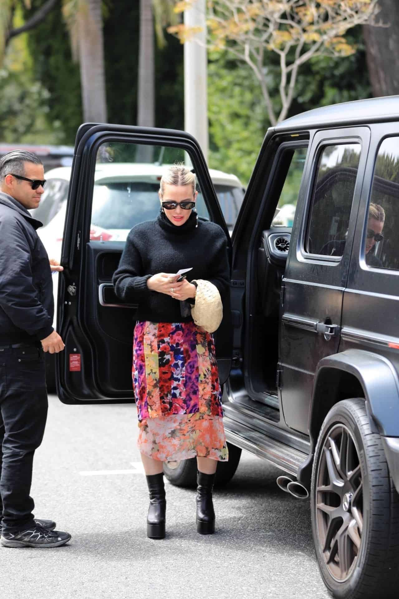 Hilary Duff Pairs a Floral Skirt with Chunky Black Boots in West Hollywood
