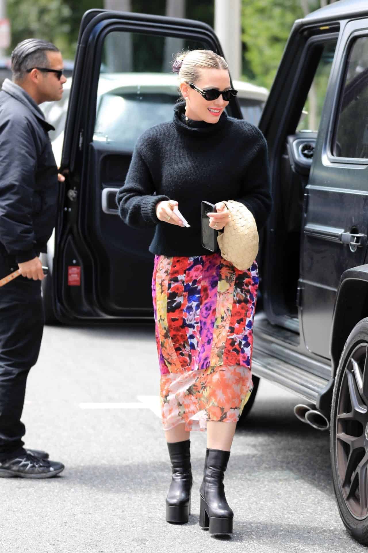 Hilary Duff Pairs a Floral Skirt with Chunky Black Boots in West Hollywood