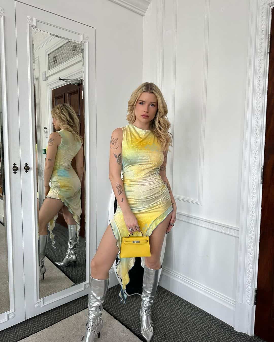 Lottie Moss Poses in a Figure-Hugging Yellow Dress and Silver Boots