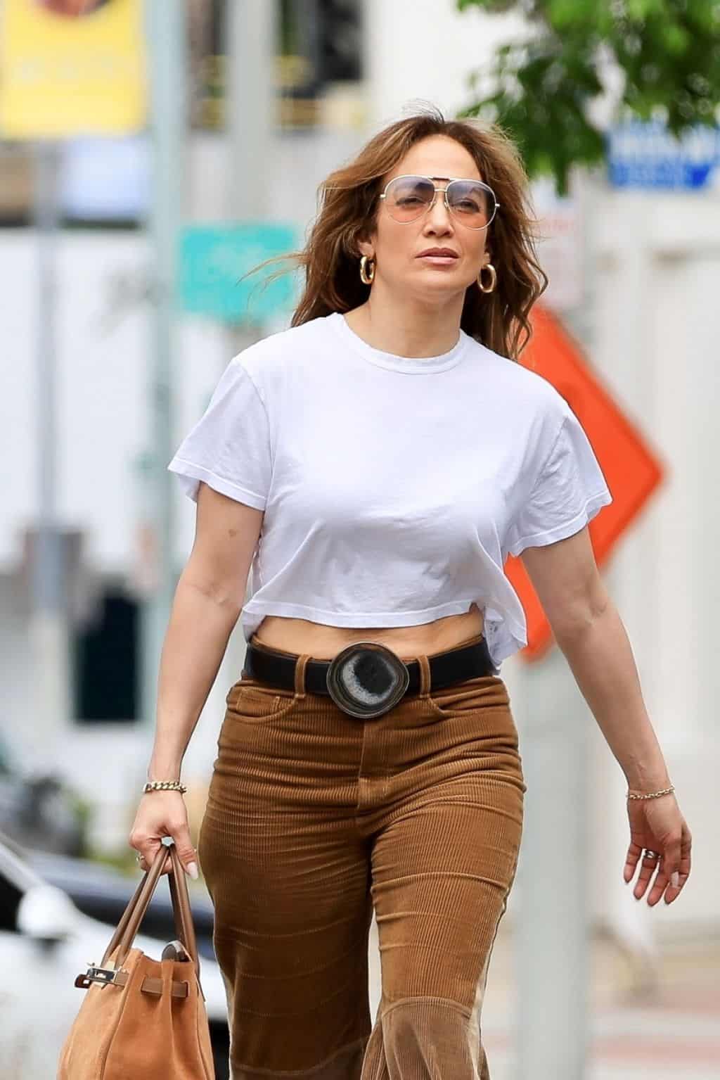 Jennifer Lopez Rocks 70's Style in Brown Corduroy Jeans as She Runs Errands