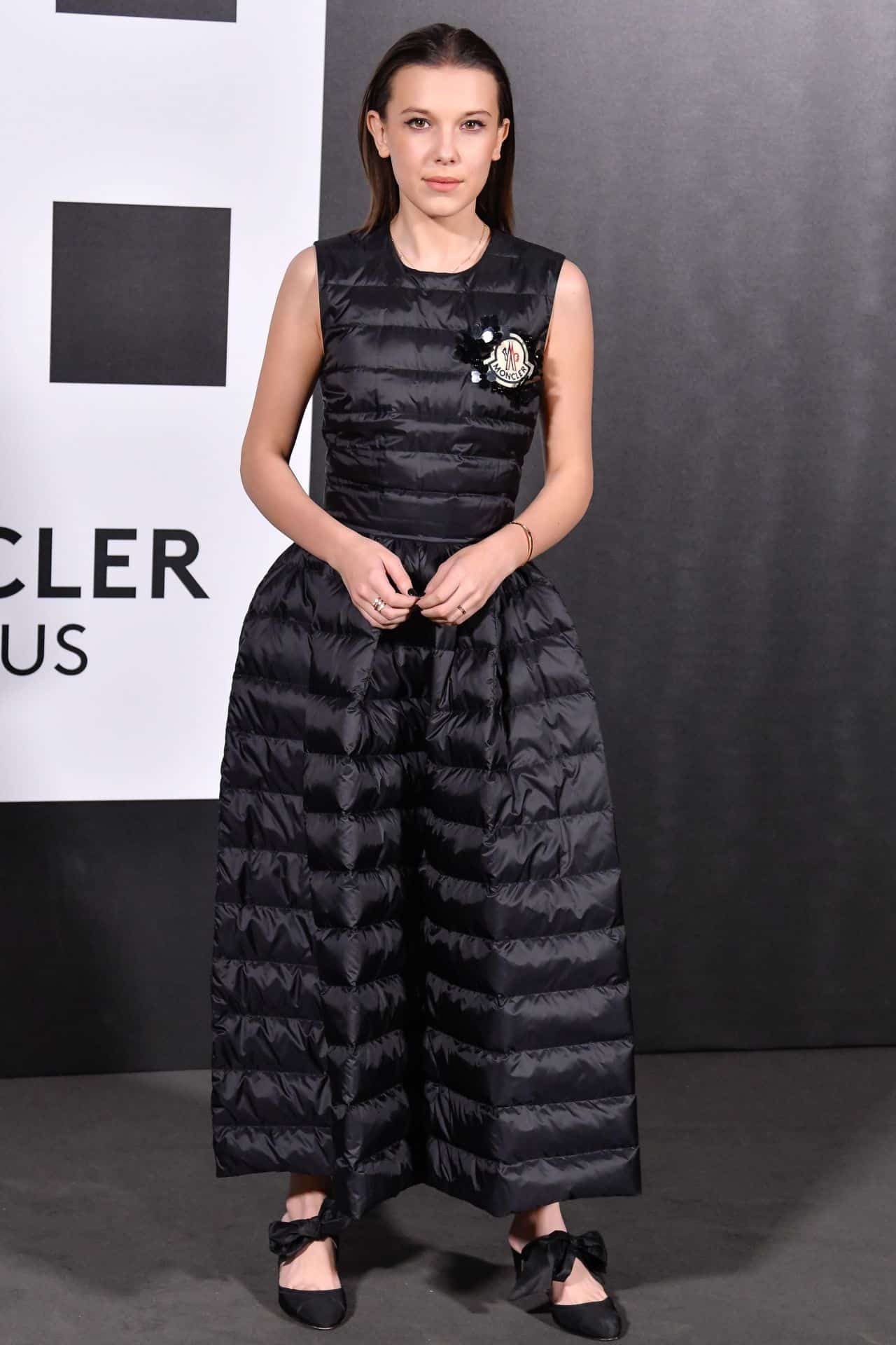 Millie Bobby Brown Wearing a Moncler Dress at a Moncler Party in Italy