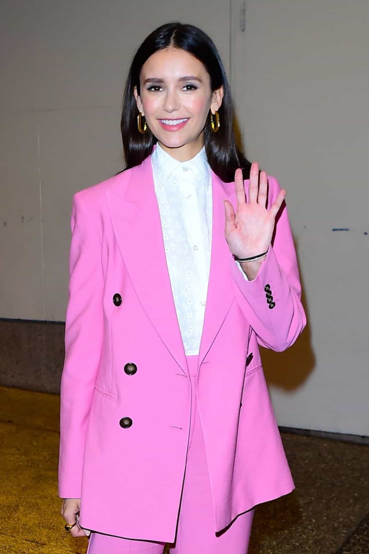Nina Dobrev Rocks a Stylish Pink Suit for "The Out-Laws" Promotion