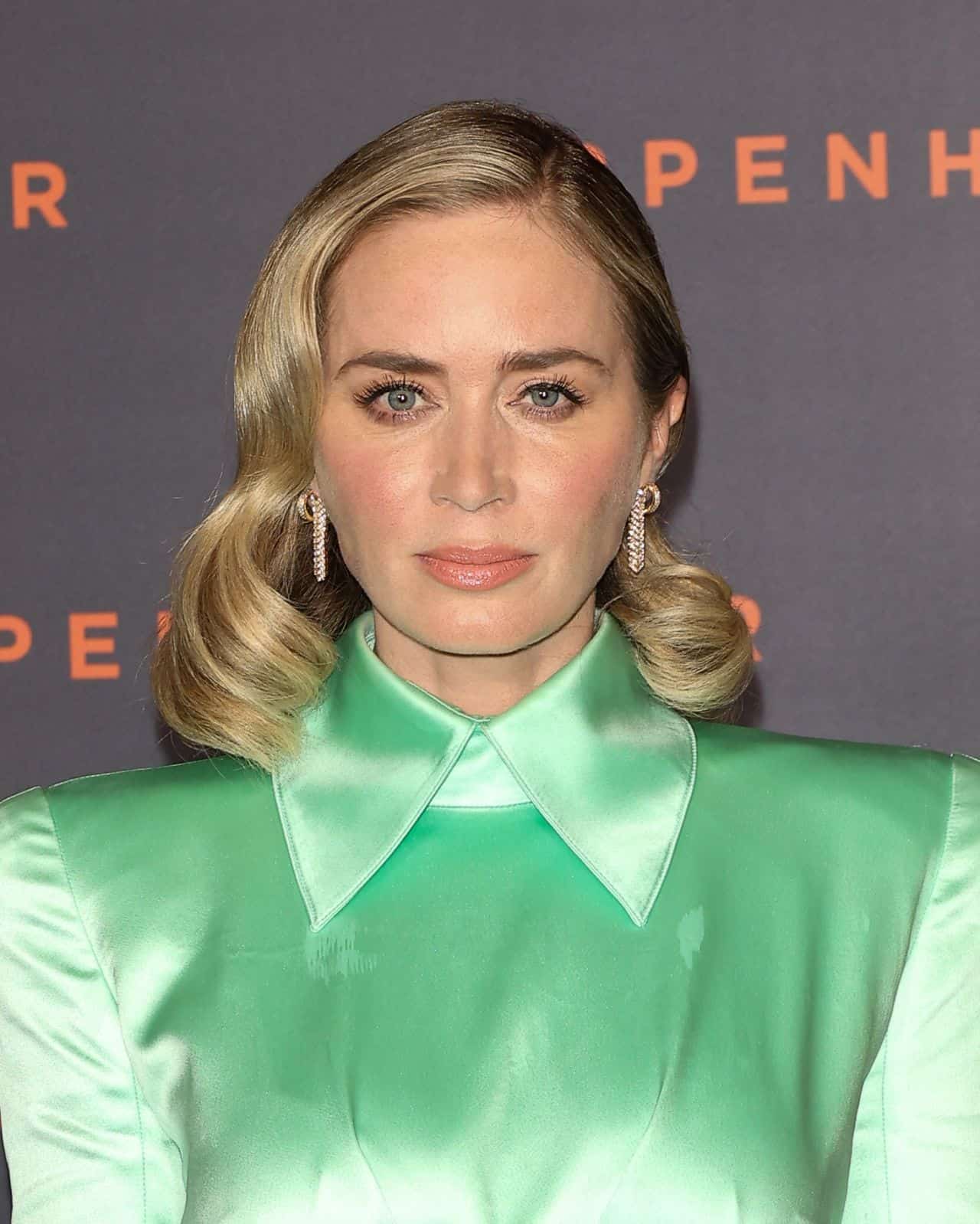 Emily Blunt Wears Green Satin Dress at the "Oppenheimer" Premiere in Paris