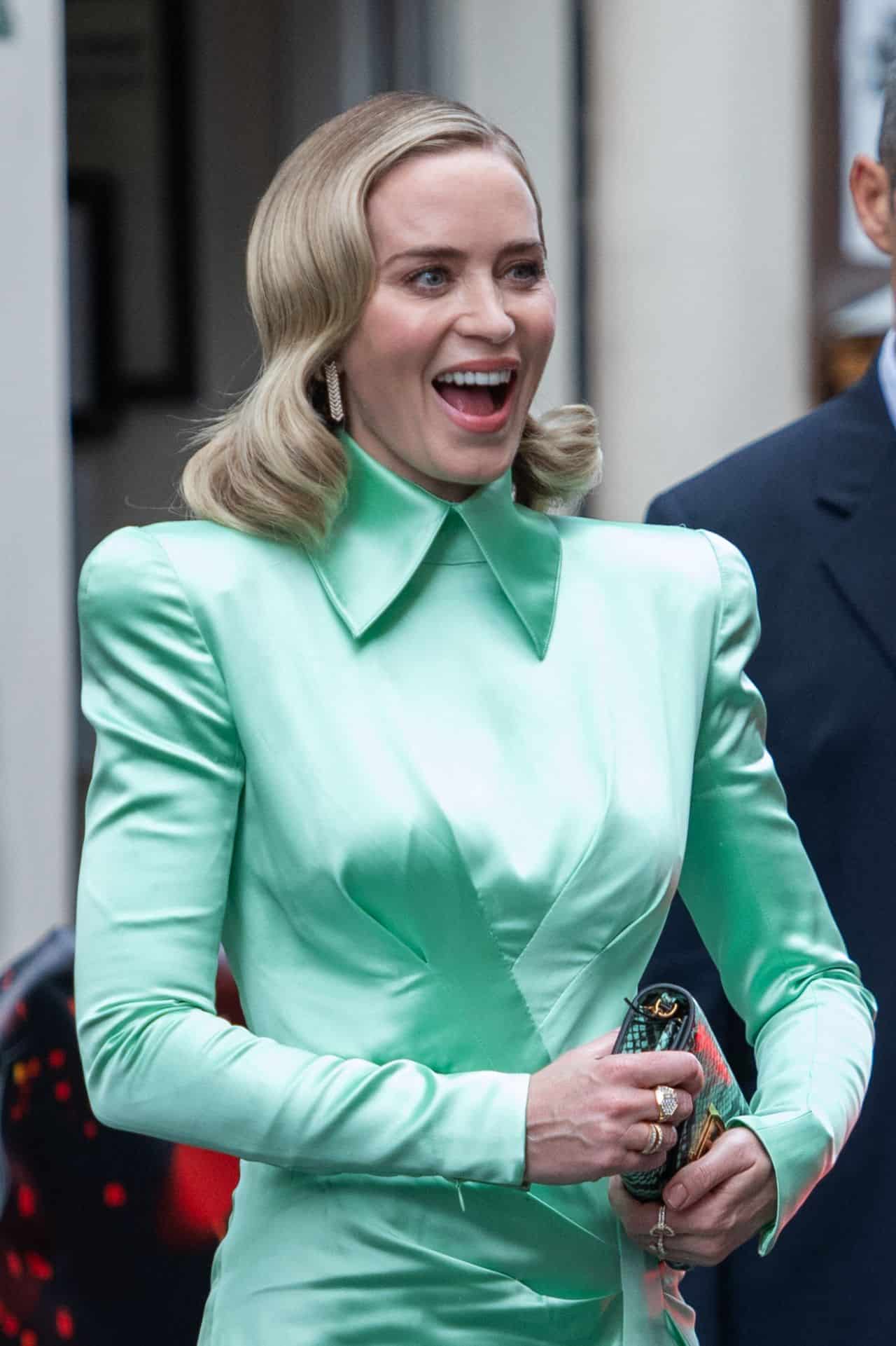 Emily Blunt Wears Green Satin Dress at the "Oppenheimer" Premiere in Paris