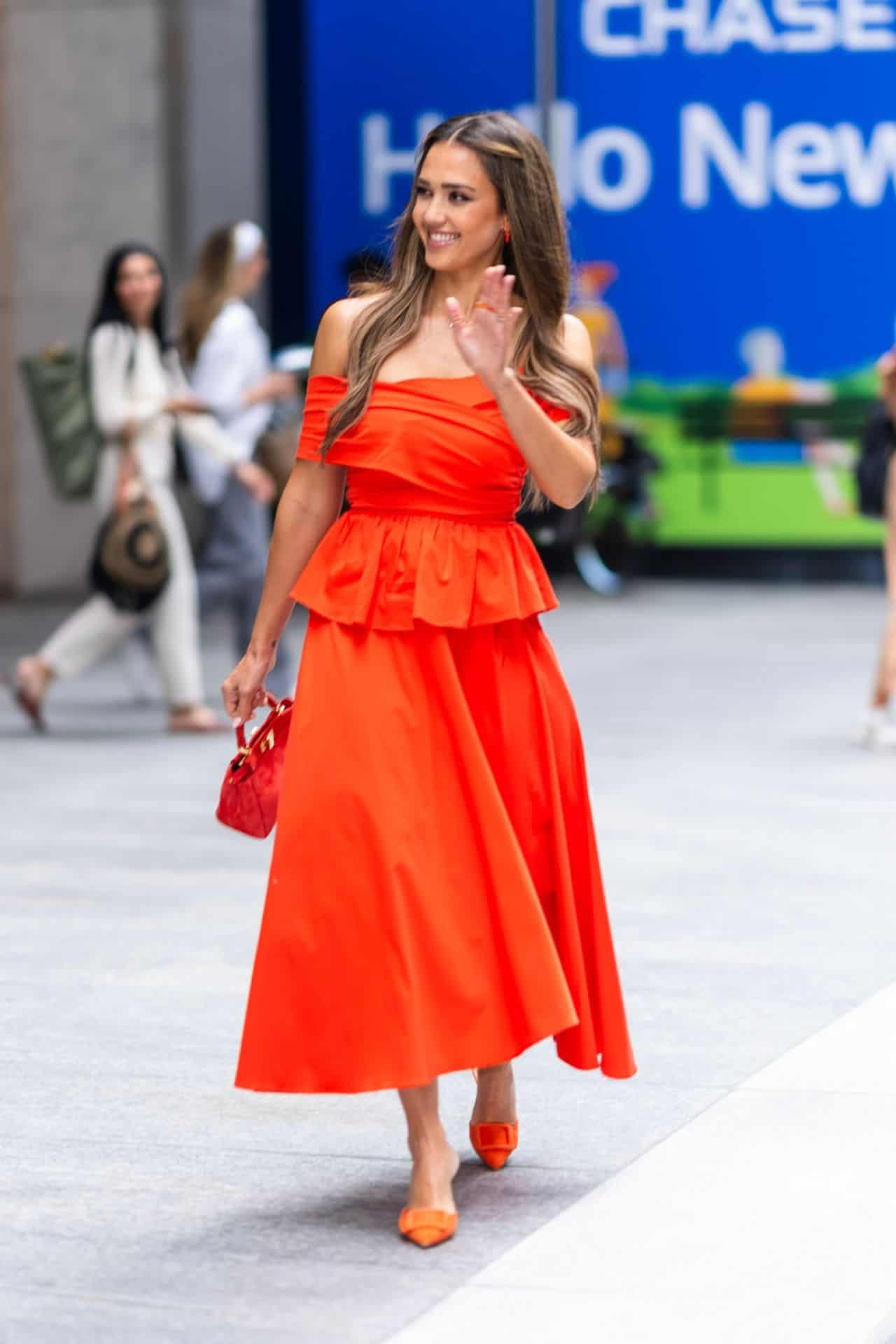 Jessica Alba Amazes in Red Sleeveless Top and Skirt in New York