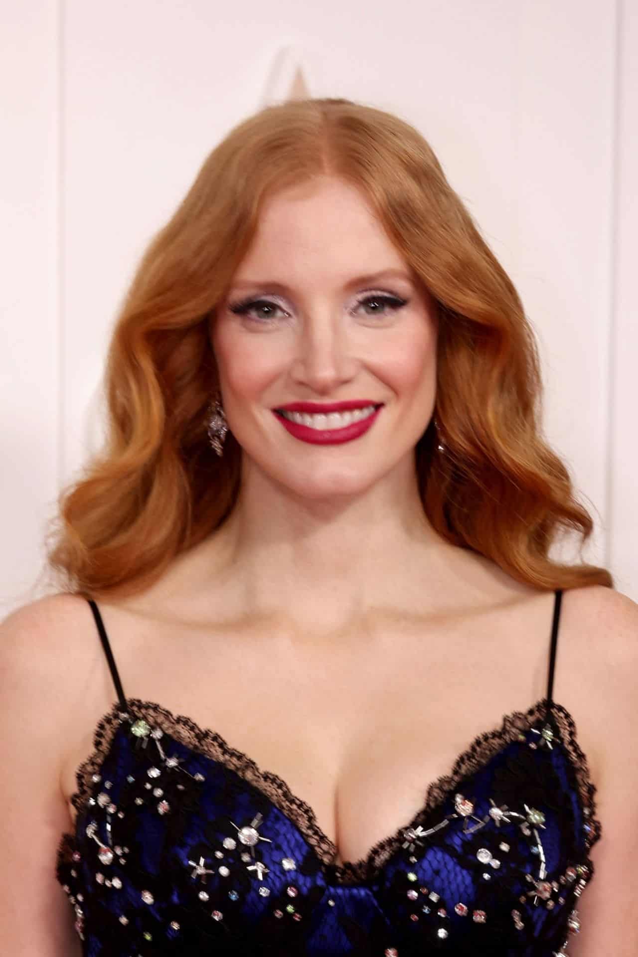 Jessica Chastain in Blue Crystal-Embellished Gucci Dress at CMA Awards