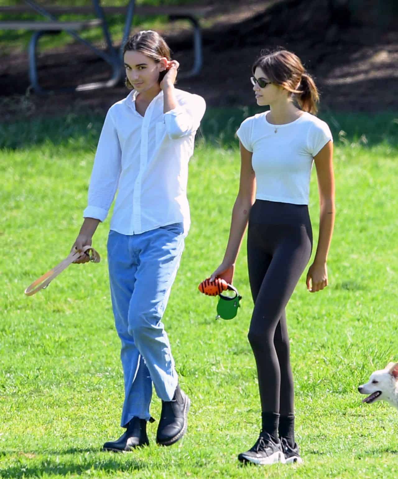 kaia gerber at a dog park in los angeles with male friend 2
