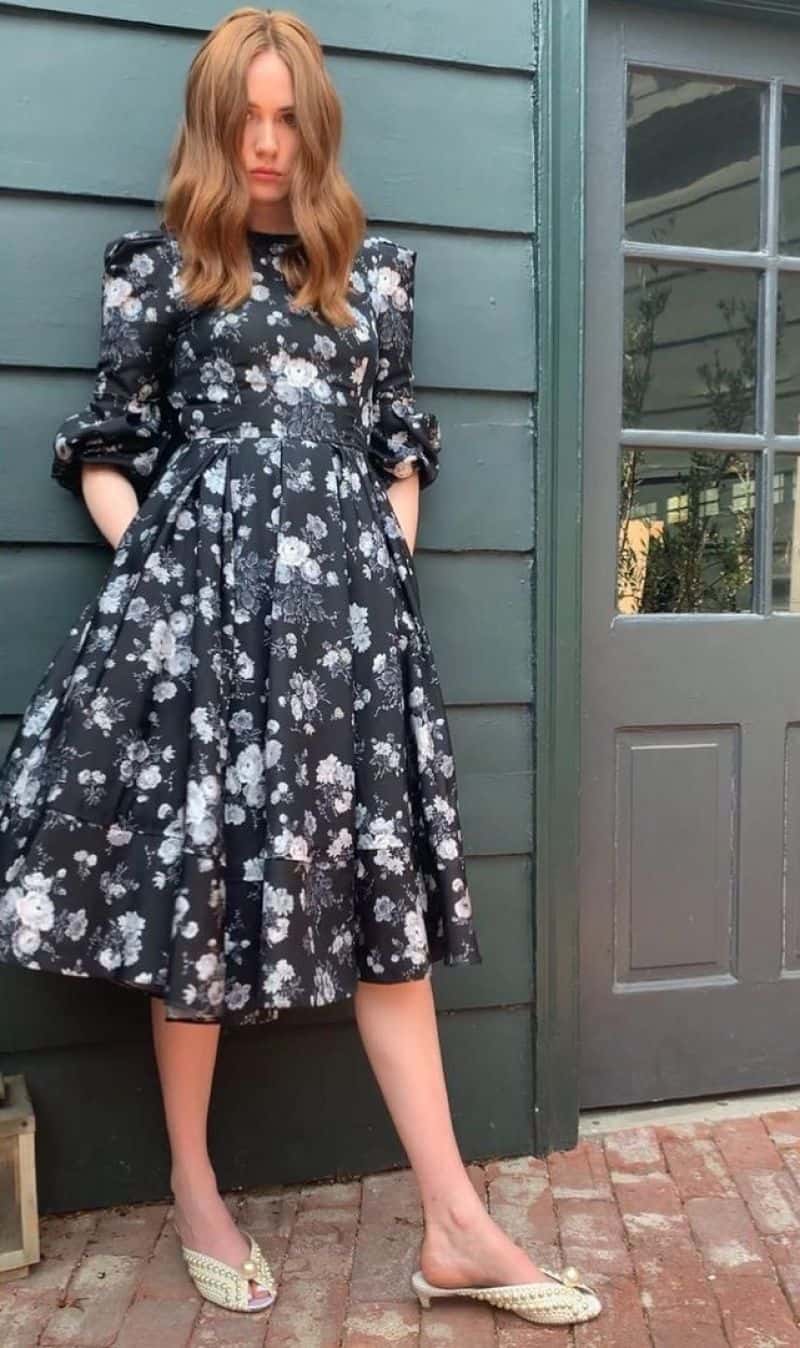 Karen Gillan Wears a Black Dress with a Floral Pattern