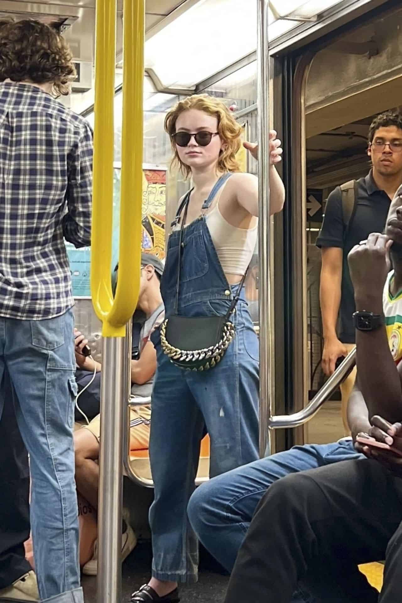 Sadie Sink Serves Retro-Chic Denim Jumpsuit Look while Out in SoHo